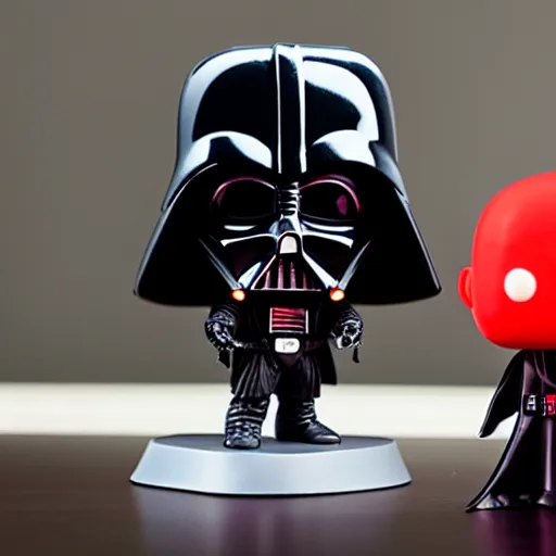 Prompt: a darth vader funko pop wielding a red lightsaber on a table inside a suburban house