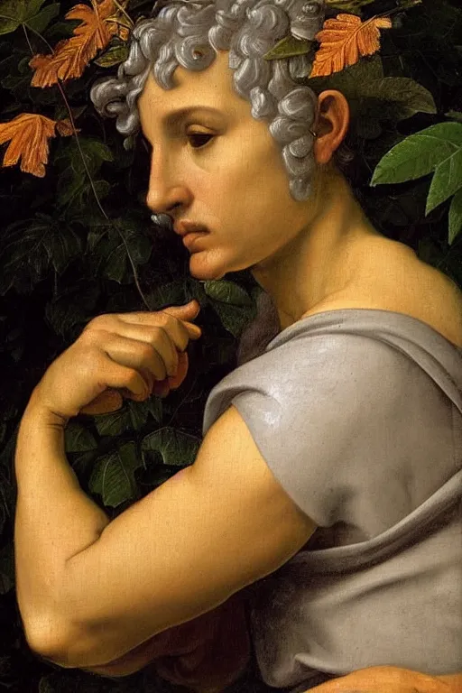 Image similar to renaissance painting of elder in the garden, closeup, short silver hair, a wise face, emotions closeup, dressed in roman armour, the beautiful garden with oak leaves everywhere, ultra detailed, art by Guido Reni style, Vincenzo Catena style