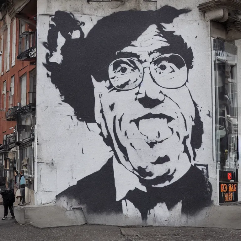 Image similar to Street-art portrait of Danny DeVito in style of Banksy, photorealism