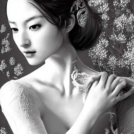 Image similar to the portrait of an absurdly beautiful, graceful, elegant, sophisticated, fashionable young gravure idol made of strawberries and white petals, an ultrafine hyperdetailed illustration by kim jung gi, irakli nadar, intricate linework, bright colors, octopath traveler, final fantasy, unreal engine 5 highly rendered, global illumination, radiant light, detailed and intricate environment