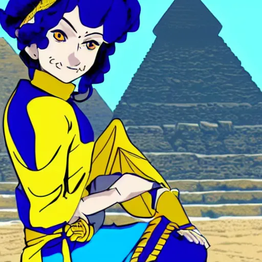 Image similar to a jojo bizarre adventures artstyle drawing : Marie the mother of Jesus dressing blue and yellow next to the pyramids