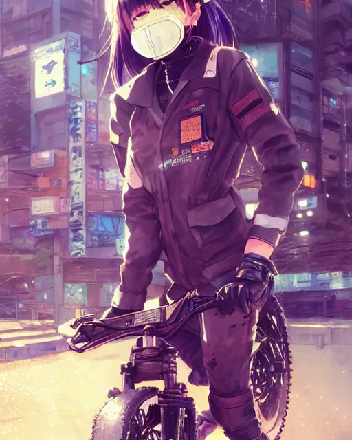 Image similar to kyoto animation girl wearing cyberpunk intricate streetwear riding dirt bike, respirator, detailed portrait, cell shaded, 4 k, concept art, by wlop, ilya kuvshinov, artgerm, krenz cushart, greg rutkowski, pixiv. cinematic dramatic atmosphere, sharp focus, volumetric lighting, cinematic lighting, studio quality