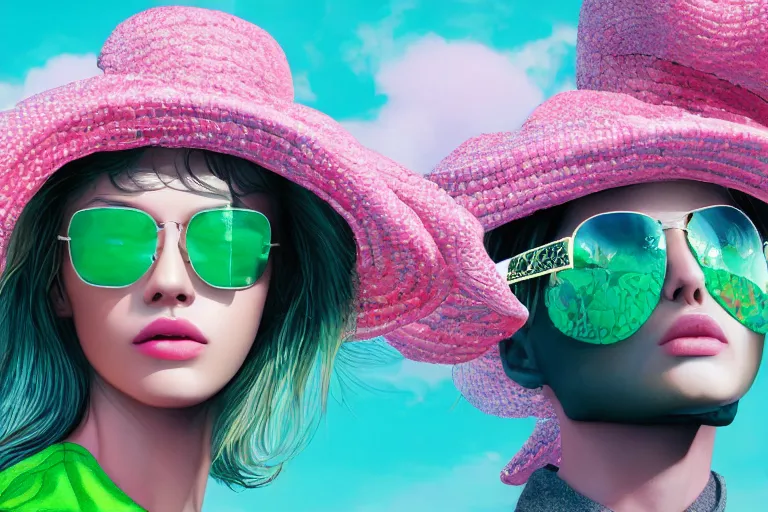 Prompt: close - up, first fashion model in sunglasses, second fashion model with hat, pink clouds background, green snakes, hyper detailed, photo realistic, vouge style photo, drops of clean water, artwork by tooth wu and wlop and beeple and greg rutkowski