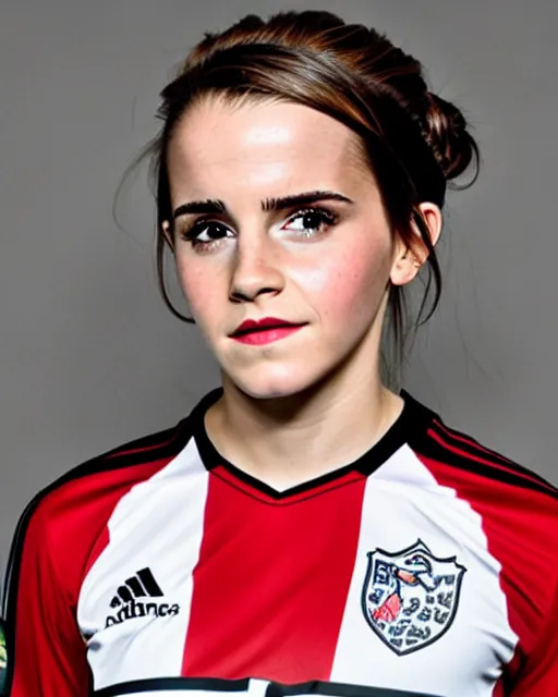 Image similar to a portrait of emma watson as a lokomotiv football player, hyper realistic