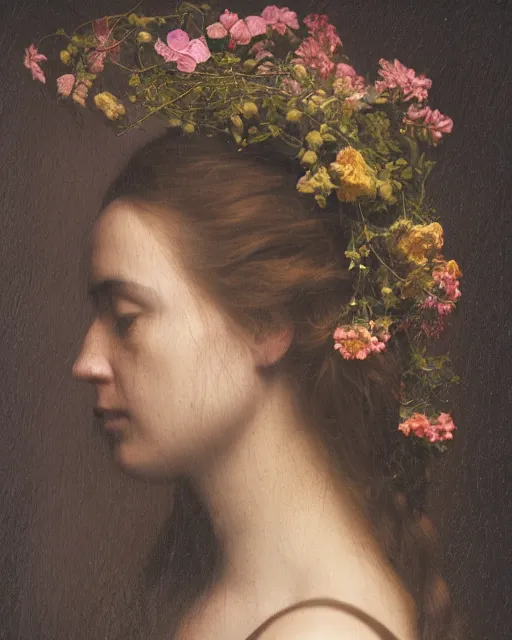 Image similar to a woman's face in profile, long hair made of flowers and vines, in the style of the Dutch masters and Gregory Crewdson, dark and moody