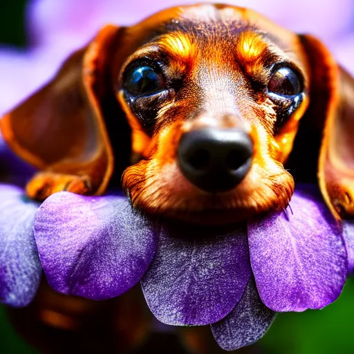 Image similar to macro photograph of a very tiny Dachshund sleeping on the flower, Nikon D810, award-winning, bokeh,