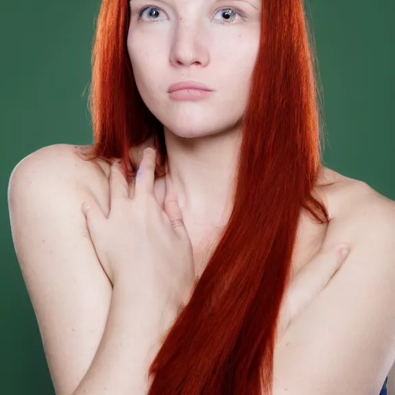 Image similar to portrait of a plain looking young white female model red hair and uneven skintone and a round shaped face