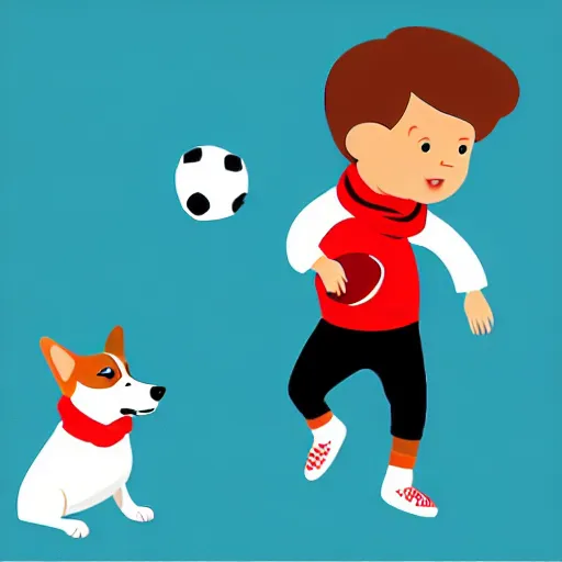 Image similar to illustration of french boy playing football with a corgi wearing a polkadot scarf in front of the eiffel tower