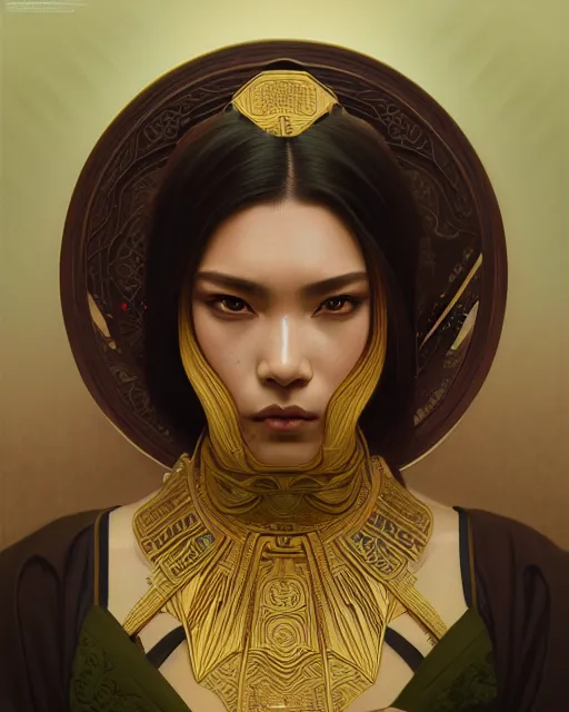 Image similar to symmetry, samurai, lines, brown skin, green iris, machine face, intricate, elegant, highly detailed, digital painting, artstation, cgsociety, concept art, smooth, sharp focus, illustration, art by artgerm and greg rutkowski and alphonse mucha, 8 k