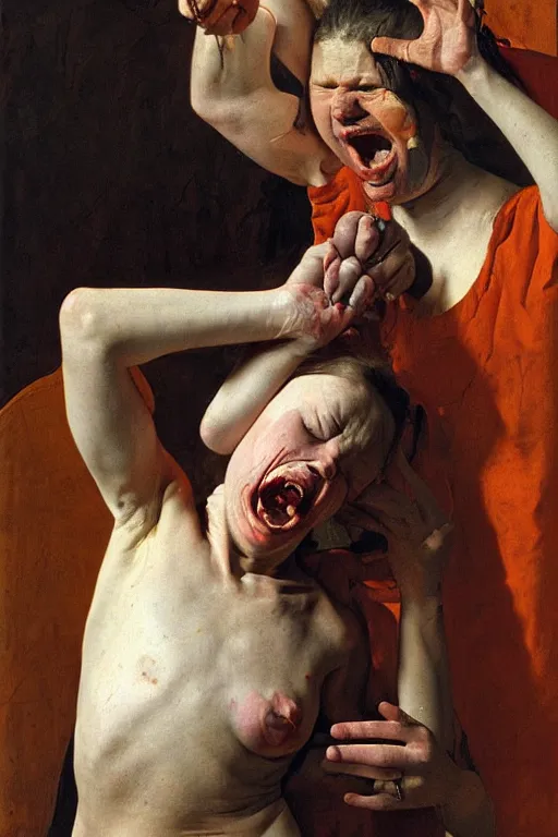 Image similar to a woman enraged, part by Jenny Saville, part by Vermeer