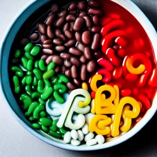 Prompt: a bowl of alphabet soup that spells cool beans