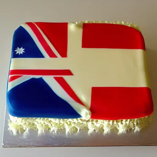 Prompt: slice of birthday cake with the pattern of the australian flag on the side