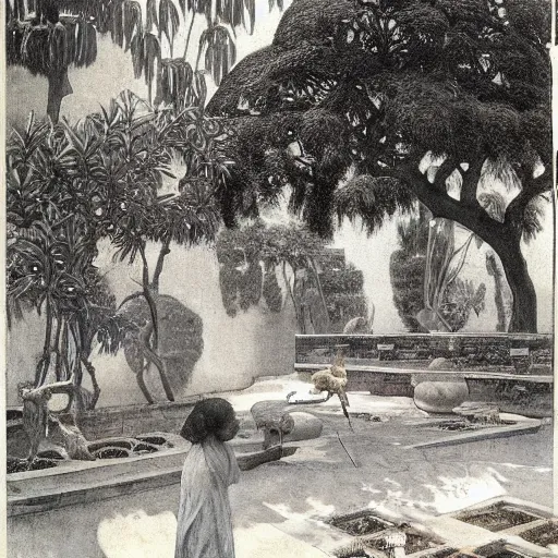 Image similar to Old African gardener cutting bonsai trees, isyllic Garden, by Annie Swynnerton and Nicholas Roerich and jean delville, glowing paper lanterns, strong dramatic cinematic lighting , ornate tiled architecture, lost civilizations, smooth, sharp focus, extremely detailed