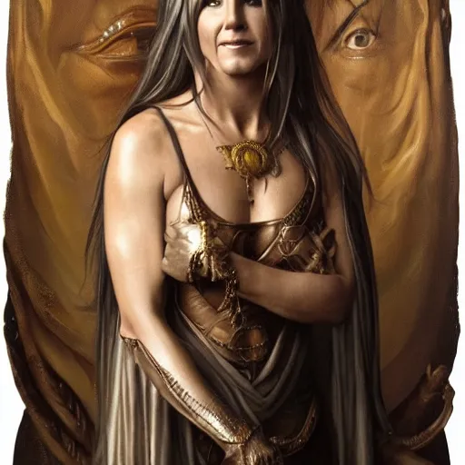 Image similar to the portrait of jennifer aniston as amazon in an intricate dress by roberto ferri, fantasy, witcher, very detailed oil painting, masterpiece, 8 k