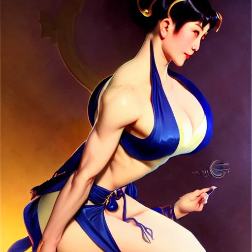 Image similar to of a Chun Li, dark fantasy, medium shot, intricate, elegant, highly detailed, digital painting, volumetric light, artstation, concept art, smooth, sharp focus, illustration, art by Gil Elvgren and Greg Manchess and Alphonse Mucha