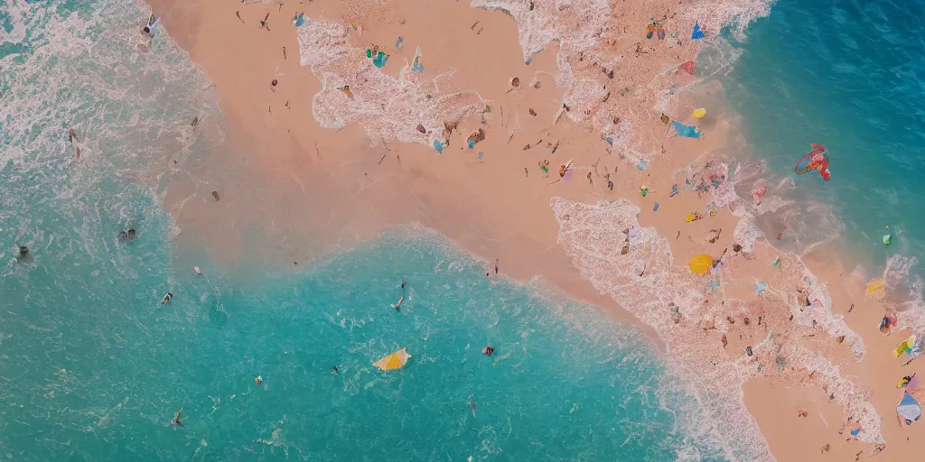 Image similar to a film still of a sunny, windy and colourful beach scene in santa monica, los angelos, aerialshot, wes anderson, studio ghibli, pixar and disney animation, sharp, rendered in unreal engine 5, anime key art by greg rutkowski, bloom, dramatic lighting