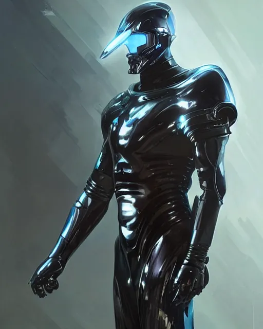 Image similar to iridescent sinewy smooth muscular male sleek glossy black pearlescent scifi armor with smooth black featureless helmet, by greg rutkowski, mark brookes, jim burns, tom bagshaw, magali villeneuve, trending on artstation