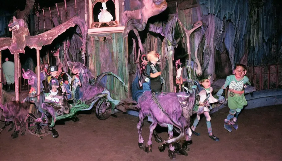 Prompt: 1990s photo of inside the Magic goats haunted house ride at Disney World in Orlando, Florida, children riding on robotic goats through a haunted house, cinematic, UHD