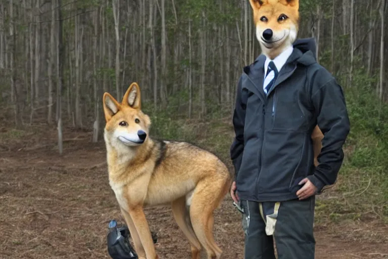 Image similar to anthropomorphic dingo man at his wolf job, day one