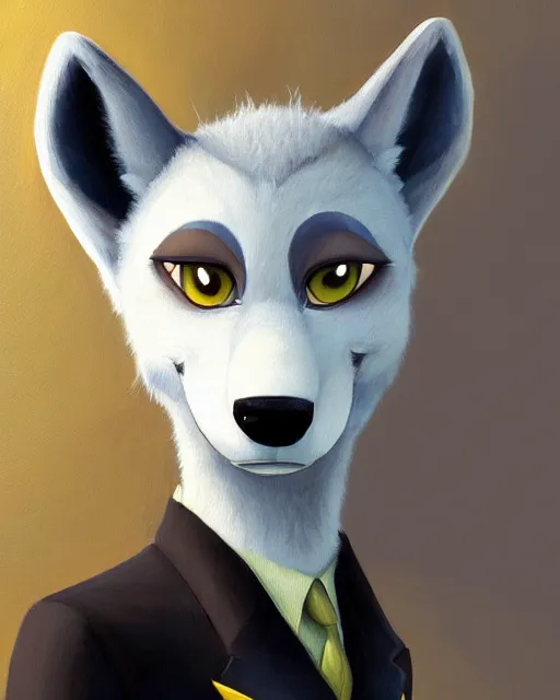 Prompt: oil painting of anthromorphic female wolf, in style of cory loftis, fursona, furry, furaffinity, 4 k, deviantart, furry art, fursona art, wearing black business suit, business suit, in style of zootopia, wolf fursona, cyberpunk, female, very very very expressive detailed feminine face,