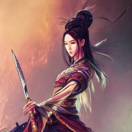 Prompt: An epic fantasy comic book style portrait painting of a gorgeous sword dance Chinese costume woman , by WLOP trending on artstation & pinterest, long hair, smoke, full body XIANXIA, Chinese temple, depth of field by Yoji Shinkawa 4k