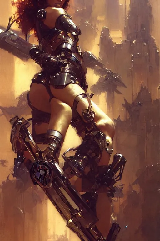 Image similar to futuristic women with medieval armor cyborg fighting dynamic poses, holding a gunsword, detail, beautifull face, no blur, painting by gaston bussiere, craig mullins, greg rutkowski, yoji shinkawa, sorayama