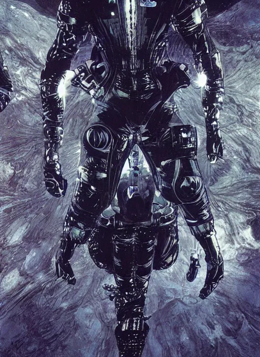 Image similar to astronauts in dark and empty void underwater - complex and hyperdetailed technical suit. reflection and dispersion materials. rays and dispersion of light. volumetric light. 5 0 mm, f / 3 2. noise film photo. flash photography. ultra realistic, wide angle. poster by wayne barlowe, hajime sorayama aaron horkey, craig mullins