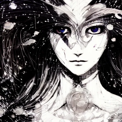 Image similar to Yoshitaka Amano blurred and dreamy illustration of an anime girl with a pirate eye patch, wavy white hair and cracks on her face wearing Elden ring armour with the cape fluttering in the wind, closeup shot, abstract black and white patterns on the background, noisy film grain effect, highly detailed, Renaissance oil painting, weird portrait angle