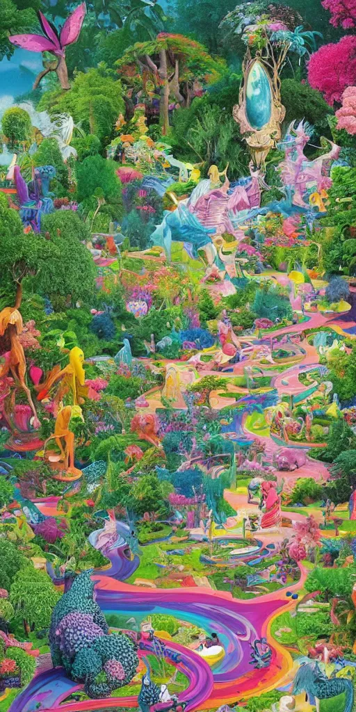 Prompt: bosch and beeple ( ( ( and lisa frank ) ) ) painting of a magnificent garden filled with remarkable sculptures, trees, and structures, incredible details