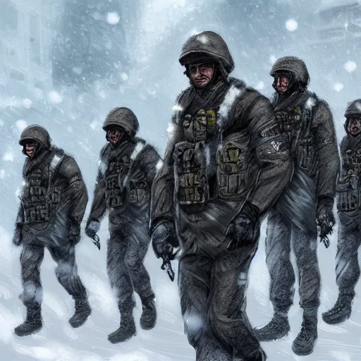 Prompt: multiple soldiers wearing arctic clothing, riot gear, in snow storm, fighting tribe, apocalyptic, artstation