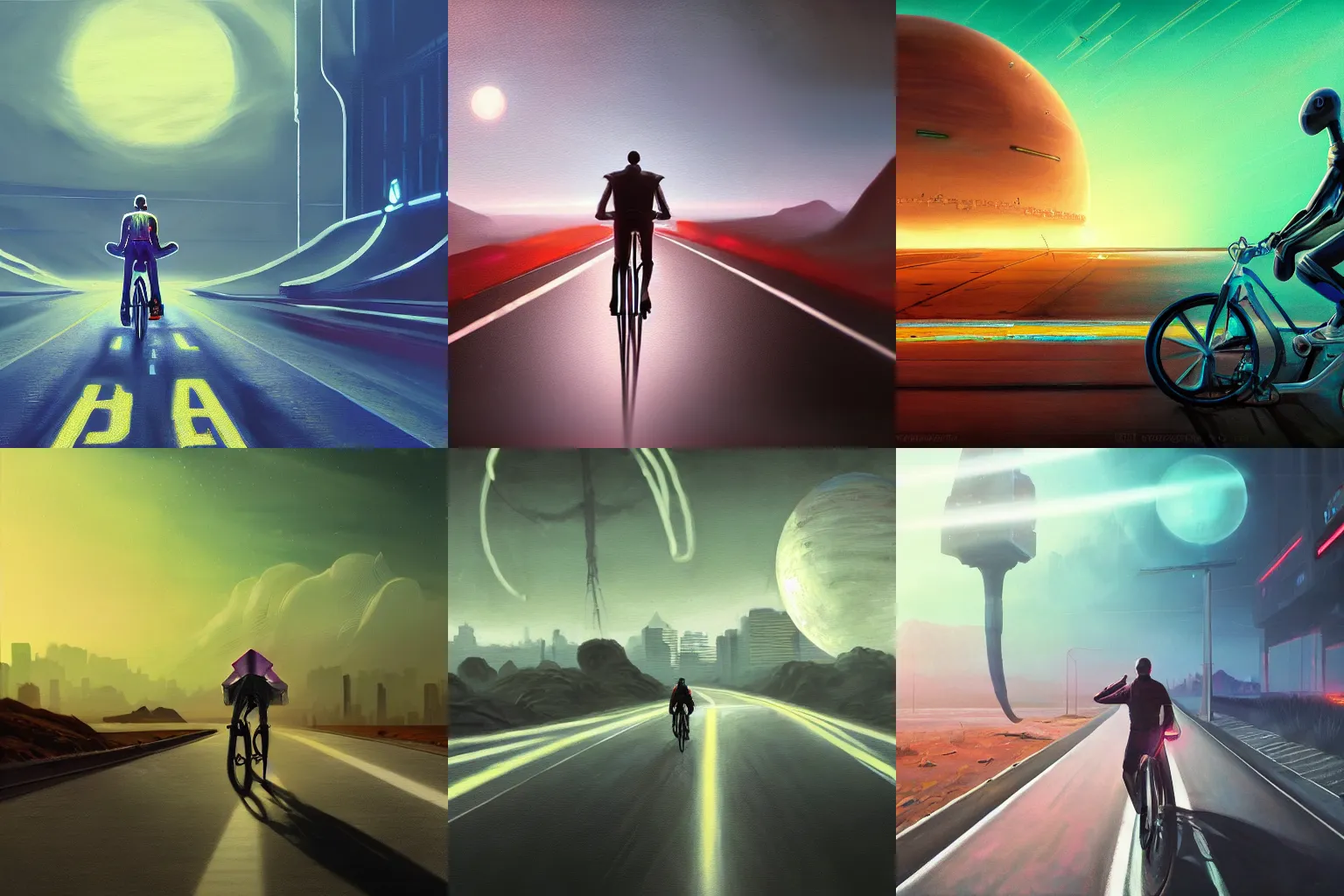 Prompt: realistic painting of a man riding a bicycle on an endless road on an alien cyberpunk neon planet, cinematic, atmospheric, 8k, tranquil, desolate, trending or artstation