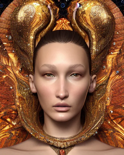 Image similar to a highly detailed metahuman 8 k close up render of bella hadid as alex grey art renaissance in iris van herpen dress schiaparelli in diamonds crystals swarovski and jewelry iridescent in style of alphonse mucha gustav klimt trending on artstation made in unreal engine 4