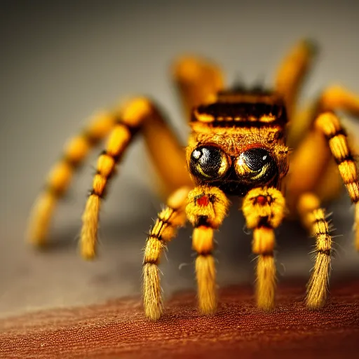 Image similar to macro lens photo of a spider, dynamic lighting, photorealistic, ultra detailed, stunning visuals, blur, studio photo, studio quality lighting, 8 k