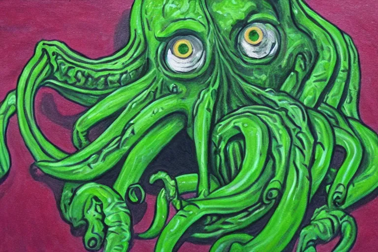 Prompt: cthulhu made of limes, painted in oil paint