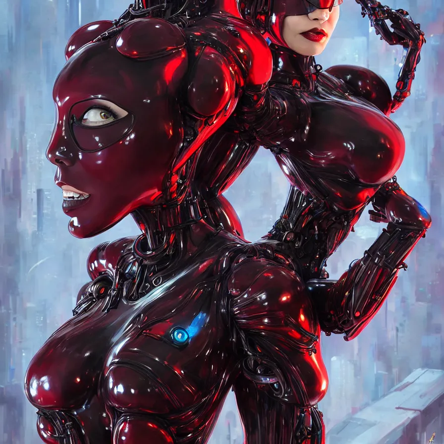 Image similar to portrait, super hero pose, catwoman marble statue red biomechanical dress, inflateble shapes, wearing epic bionic cyborg implants, masterpiece, intricate, biopunk futuristic wardrobe, highly detailed, art by akira, mike mignola, artstation, concept art, background galaxy, cyberpunk, octane render