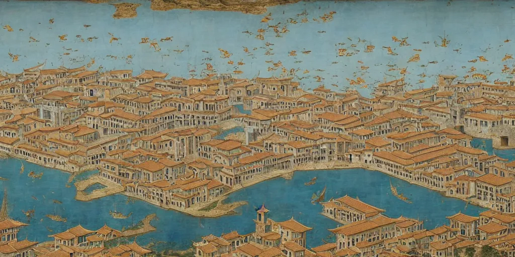 Prompt: A huge ancient Chinese port city, oil paintings, late medieval art, 13th century paintings, Siena school, Giotto, Marco Polo, highly detailed and impressive, 8k