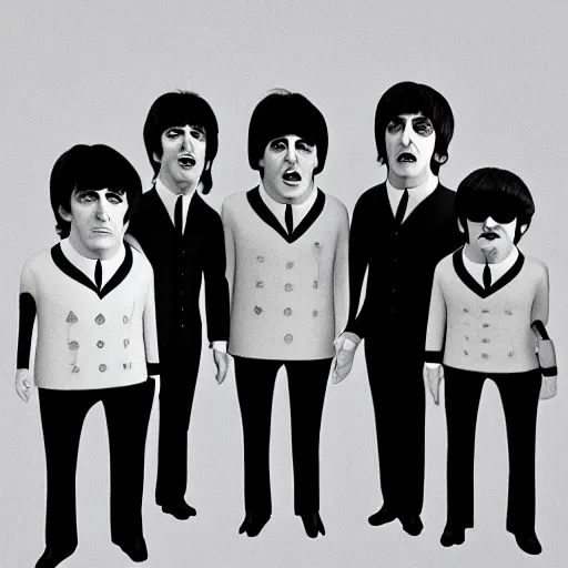 Prompt: the beatles cgi monstrosity four heads and one body nightmare scary