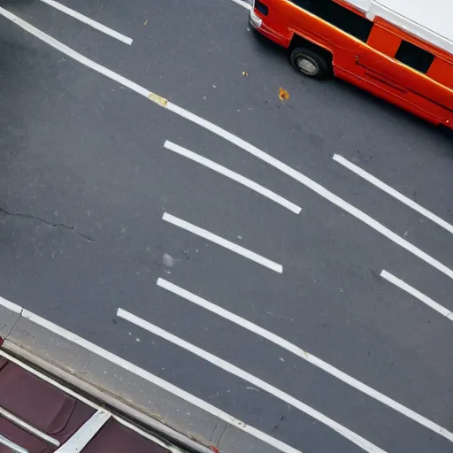 Image similar to A overhead shot taken from the second floor of a brown man parallel parking a white work van, in Vancouver, BC