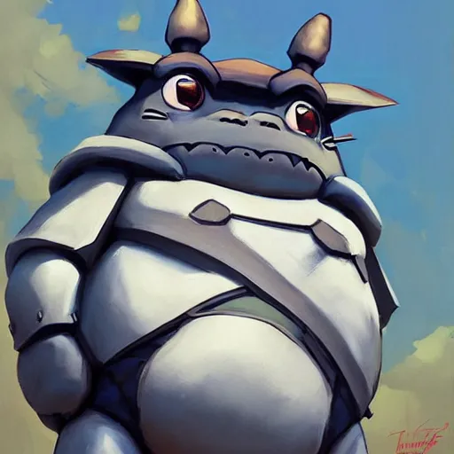 Image similar to greg manchess portrait painting of partially armored totoro as overwatch character, medium shot, asymmetrical, profile picture, organic painting, sunny day, matte painting, bold shapes, hard edges, street art, trending on artstation, by huang guangjian and gil elvgren and sachin teng