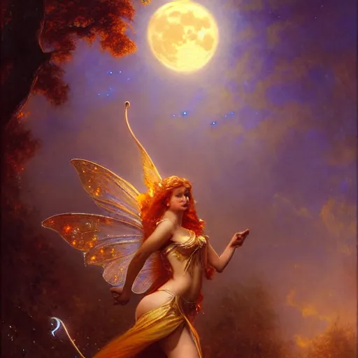 Image similar to attractive fairy queen fly high in the night, fantasy, full moon in background. hyper detailed painting by gaston bussiere, craig mullins, j. c. leyendecker, mid shot, 8 k, cryengone, cinematic lighting, beautiful,