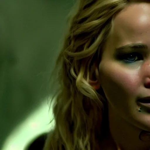 Image similar to cinematic jennifer lawrence as frankensteins monster, color photography, sharp detail, she is amused, still from the movie avengers, dirt on face