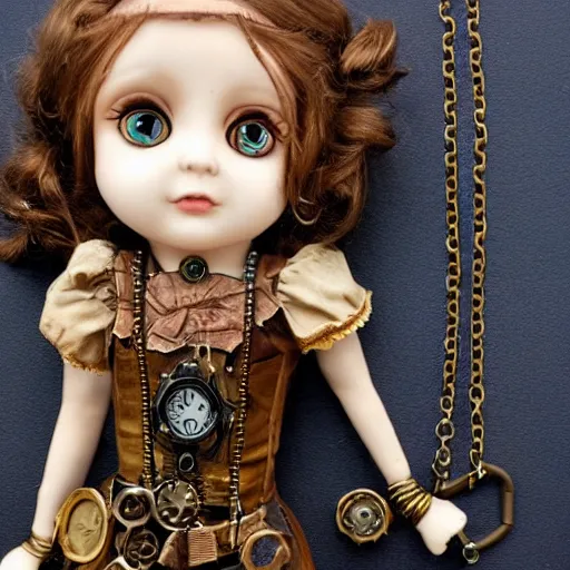 Image similar to steampunk little girl wears a clock necklace