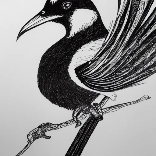 Prompt: magpie, detailed intricate sketch, 4k, illustration, cross hatched, black ink on white paper