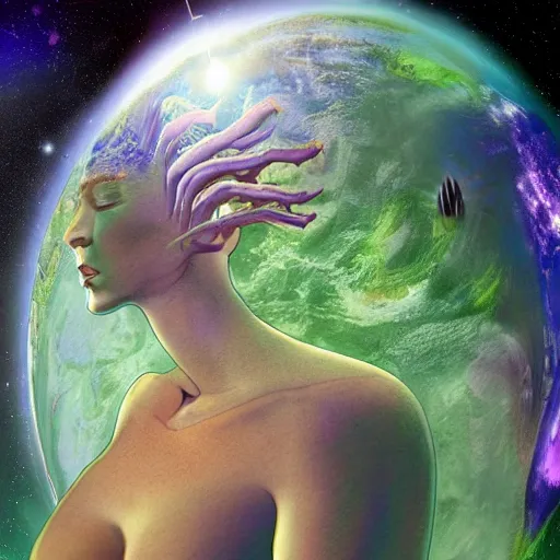 Image similar to planet earth depicted as a sleeping female hyperdimensional alien dreaming all life, people and animals into existance