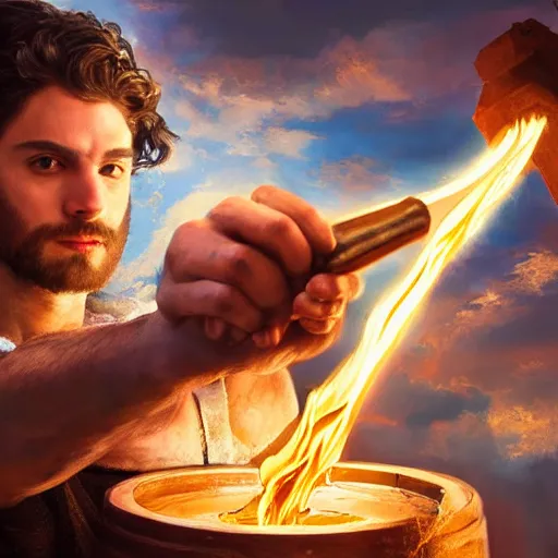 Image similar to Absolutely gorgeous greek god of smithing holding the hammer of creating setting the city of the gods on fire, cinematic lighting, high quality 8k hd, oil on canvas, hyperralistic art