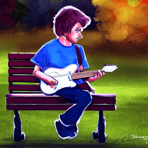Prompt: a boy sitting on a bench in the park writing in his notebook, a guitar is next to him on his bench, digital art