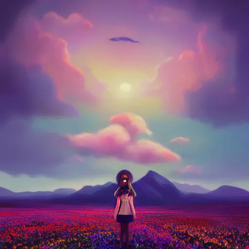 Image similar to girl with a flower face, surreal photography, bizzare, dreamlike, otherworldly, standing in flower field, in a valley, sunrise dramatic light, impressionistic painting, colorful clouds, artstation, simon stalenhag