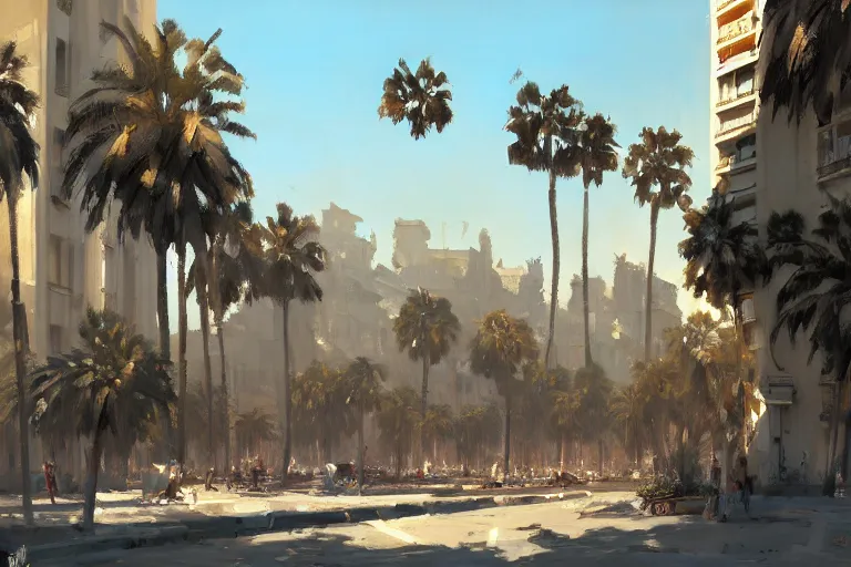 Prompt: landscape of the beautiful city of paris rebuilt near the pacific ocean in sunny california, amazing weather, sandy beach, palm trees, splendid haussmann architecture, painting by craig mullins, concept art, matte painting, trending on artstation