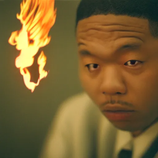 Image similar to cinematic film still of rapper JID starring as a Japanese Sensei with fire, Japanese CGI, VFX, 2003, 40mm lens, shallow depth of field, film photography