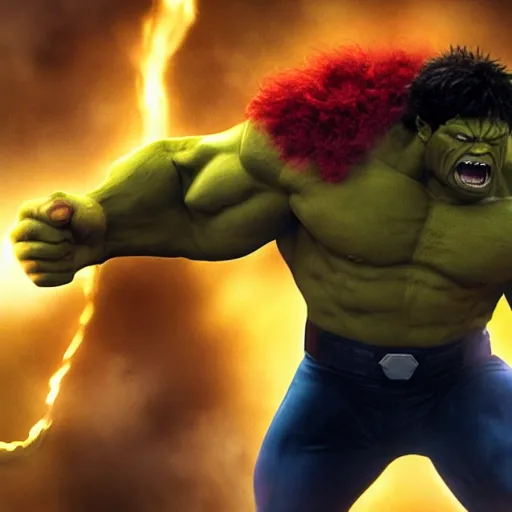 Image similar to hulk fighting juggernaut from x - men, marvel movie, cinematic, explosive action, vfx, artistic